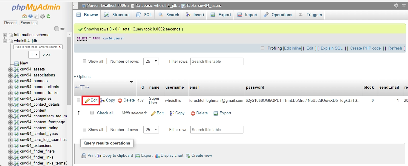 آموزش تغییر رمز جوملا از دیتابیس با phpMyAdmin- مرحله چهارم
